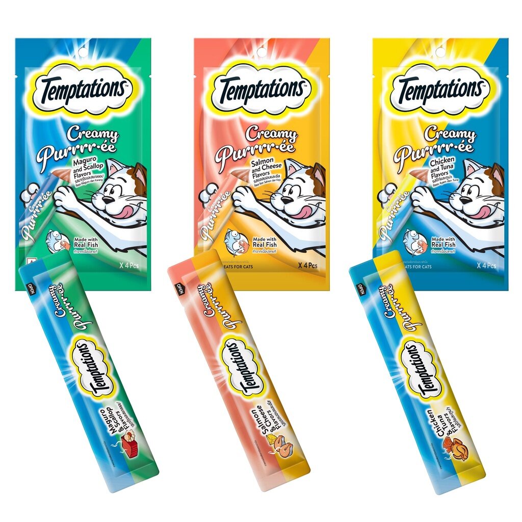 Temptations(เทมพ์เทชั่น) ขนมแมวเลีย Temptations Creamy Purrr-ee เทมเทชันส์ ครีมมี่เพอเร่ 12gx4