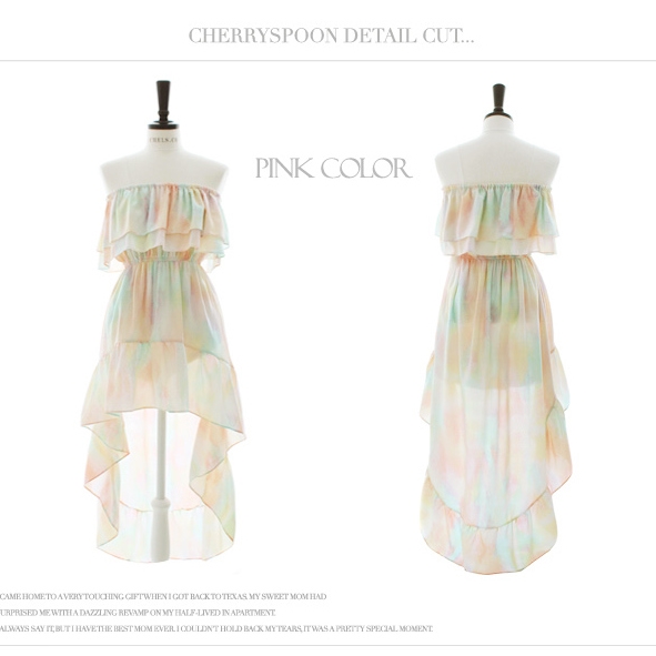 ชุดเดรสเที่ยวทะเลสีพาสเทล เกาะอก กระโปรงหน้าสั้นหลังยาวระบาย น่ารักๆ สดใสๆ