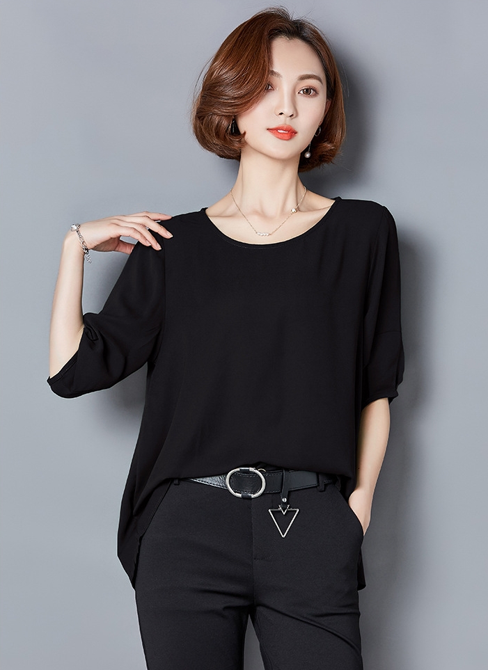 เสื้อเชิ้ตผู้หญิงแฟชั่นสีดำ แขนสั้น ทรงปล่อย