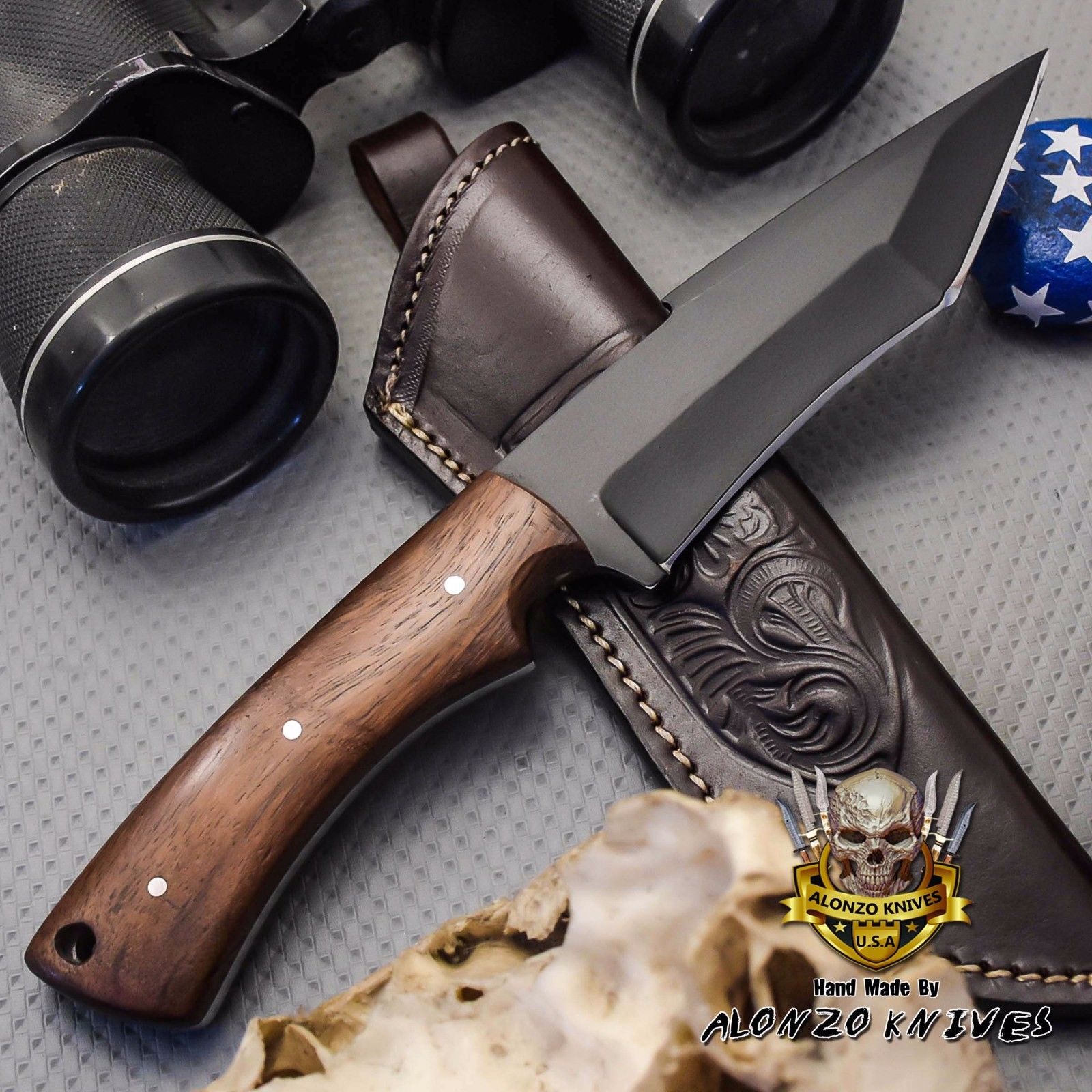 มีดHAND MADE BY ALONZO KNIVES USA CUSTOM TACTICAL TANTO 1095 KNIFE ROSE WOOD