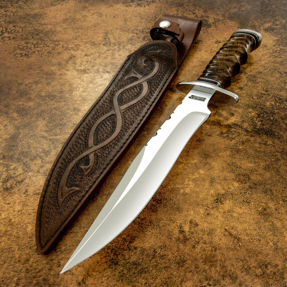 IMPACT CUTLERY RARE CUSTOM D2 MIRROR POLISHED BOWIE KNIFE BURL WOOD HANDLE