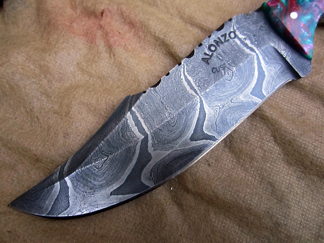 มีด ALONZO KNIVES USA CUSTOM HANDMADE DAMASCUS TACTICAL HUNTING KNIFE RAM HORN