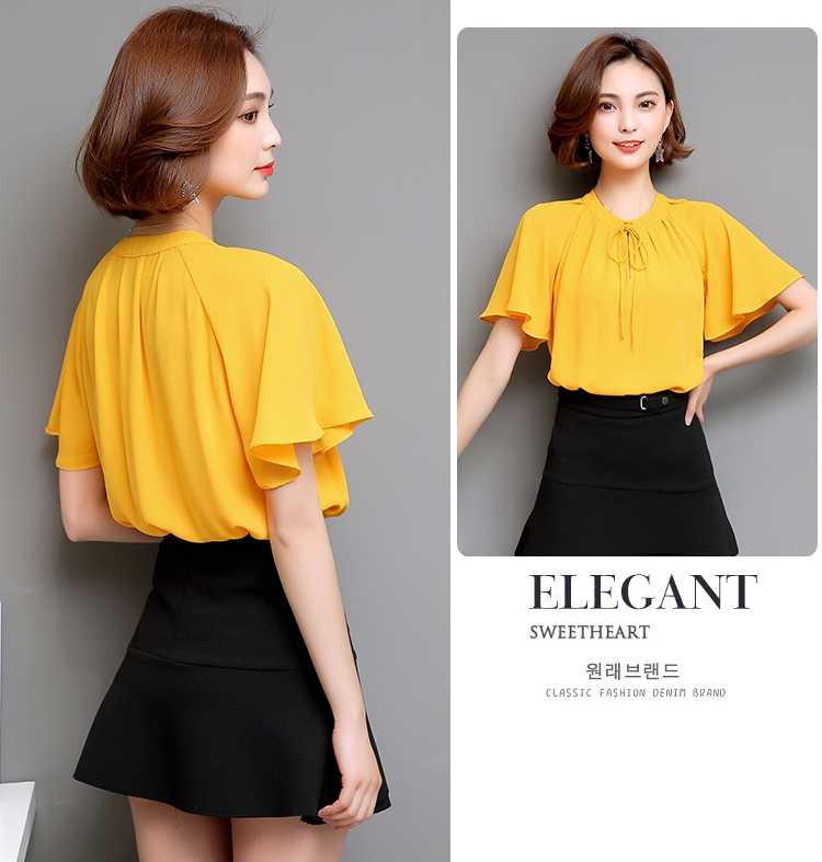 เสื้อผู้หญิงทำงานสีเหลือง แขนสั้น แต่งระบาย คอผูกโบว์ ทรงปล่อย แนวเรียบๆ สวยๆ