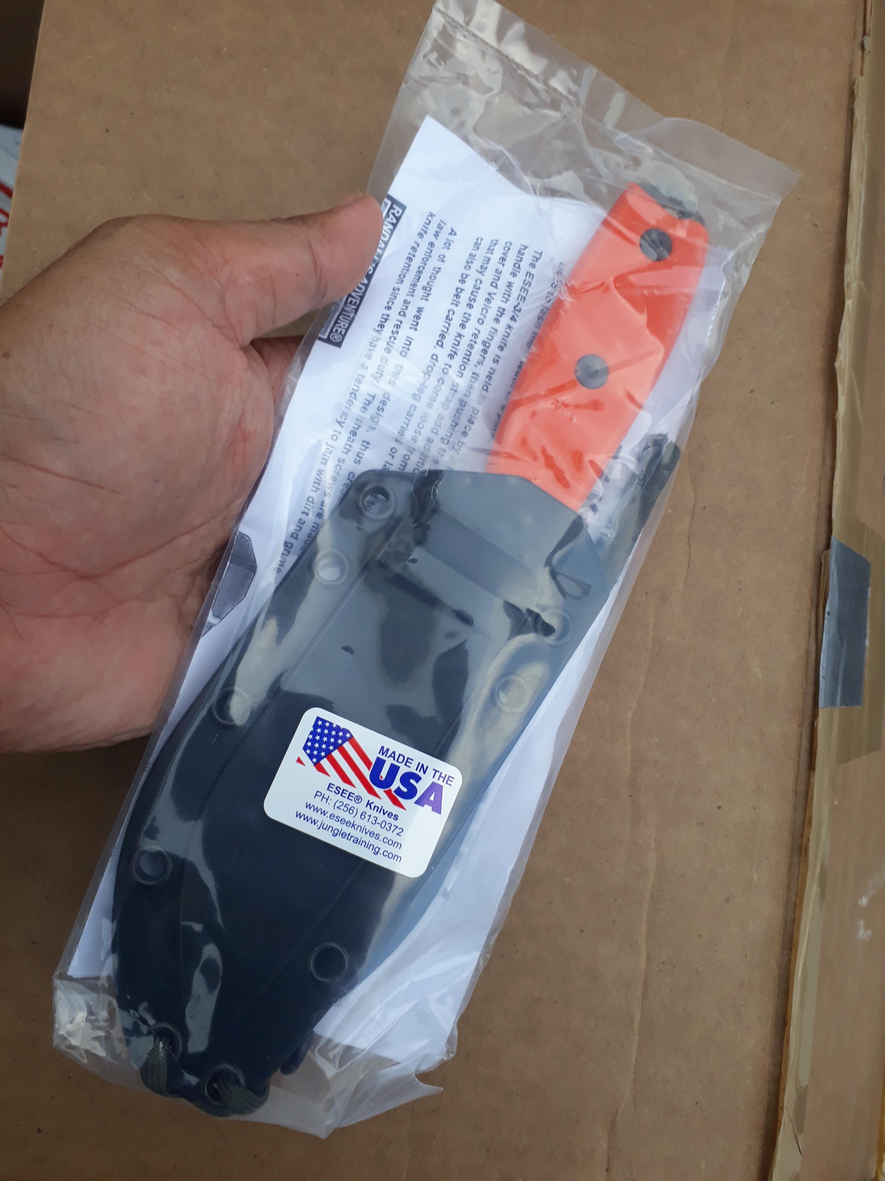 ESEE Knives: ESEE-4S-OD Green Partially Serrated Blade w/ Blaze Orange G10 Handle, Black Sheath, Clip Plate