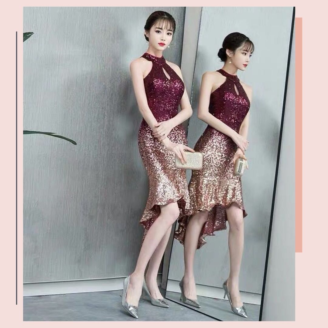 ชุดราตรี ชุดออกงาน ชุดไปงานแต่งงานสีแดง ทรงเข้ารูป กระโปรงหางปลา ผ้าปักเหลื่อม เรียบหรู