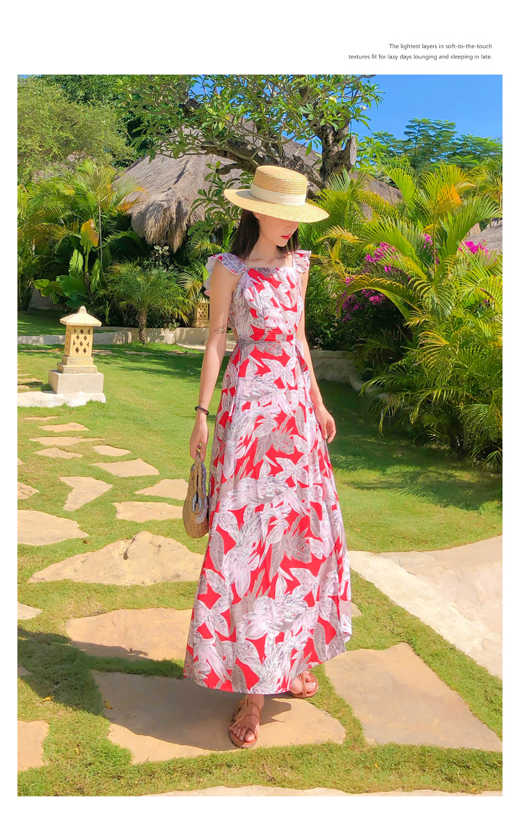 ชุดไปทะเล เดรสเที่ยวทะเล เดรสยาวสีแดงพิมพ์ลายสวยๆ เก๋ๆ