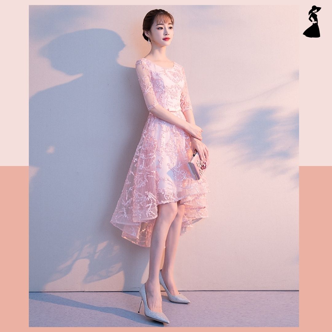 ชุดราตรี ชุดออกงาน ชุดไปงานแต่งงาน สีชมพูโอรส คอกลม แขนสั้น กระโปรงหน้าสั้นหน้า