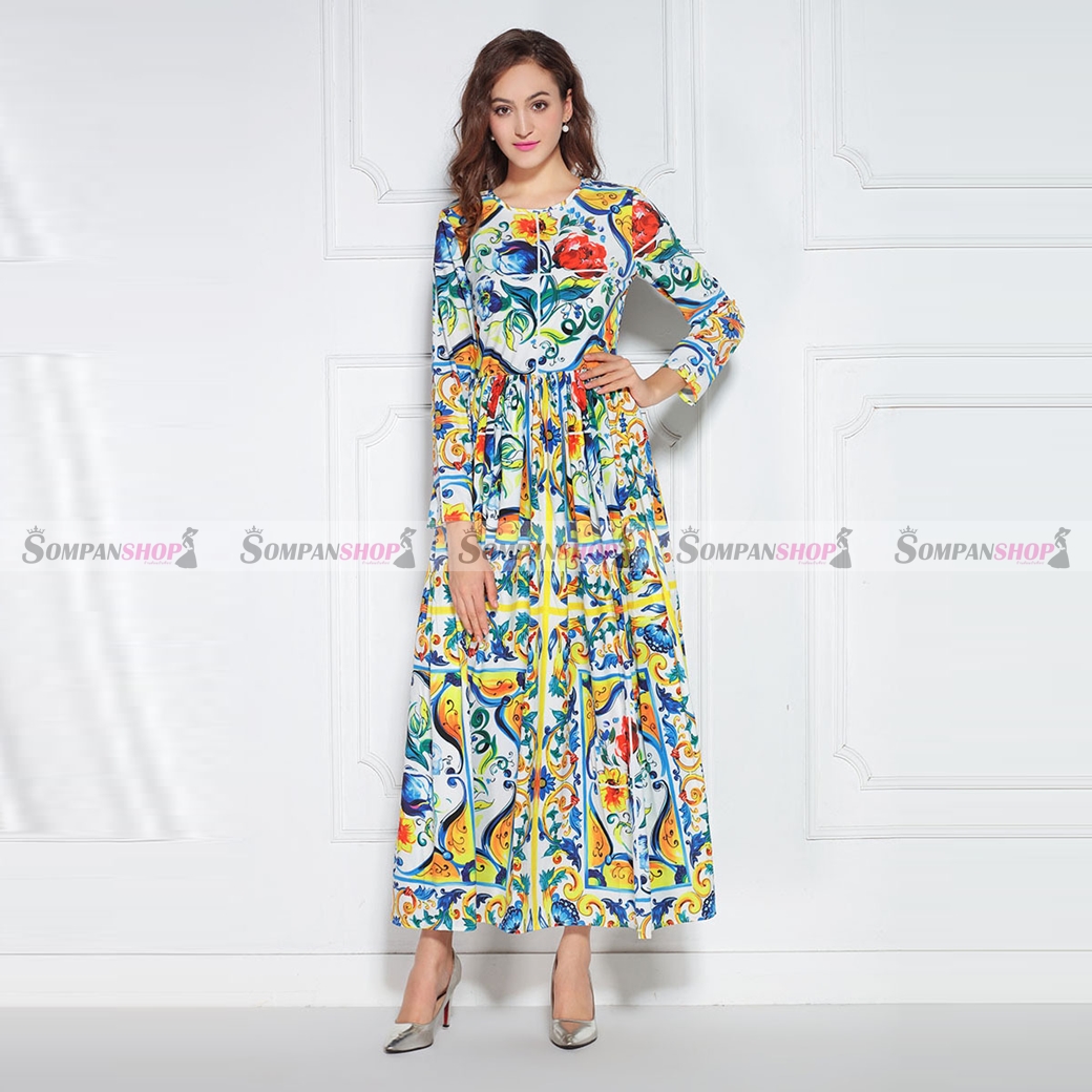 ชุดเดรสยาวพิมพ์ลายสวยเก๋ คอกลม แขนยาว กระโปรงยาวทรงปล่อย