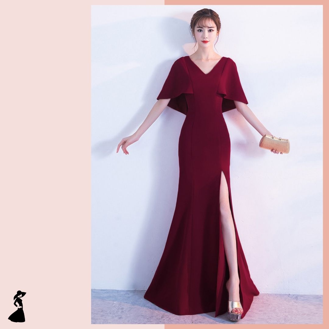 ชุดราตรี ชุดออกงาน ชุดไปงานแต่งงานสีแดงไวน์ แขนทรงปีกค้างคาว กระโปรงยาวผ่าหน้า แนวเรียบหรู สวยหรูดูแพง สำเนา