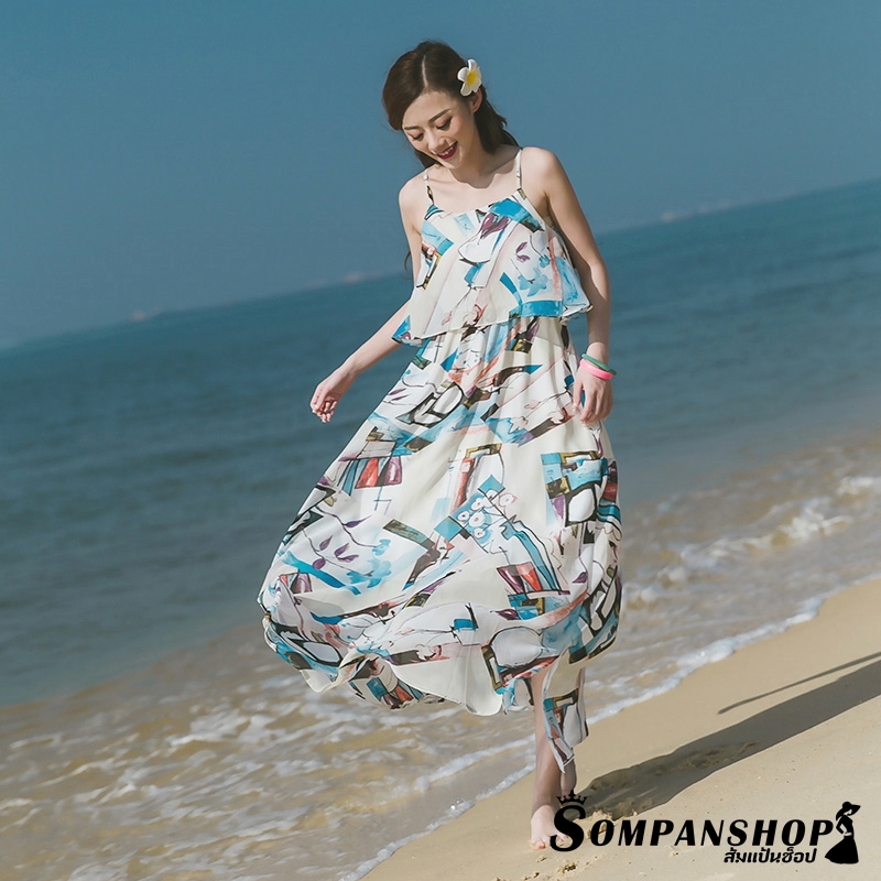 ชุดเดรสเที่ยวทะเลลสีฟ้า ายกราฟฟิคสวยเก๋ สายเดี่ยว อกแต่งระบาย กระโปรงยาวทรงบาน