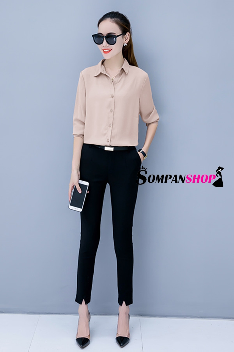 เสื้อเชิ้ตผู้หญิงสีครีม ผ้าชีฟอง แขนยาว กระดุมหน้า ใส่ทำงาน