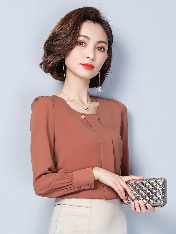 เสื้อทำงานผู้หญิงสีน้ำตาล จับจีบแถบด้านหน้า แขนยาว ทรงปล่อย