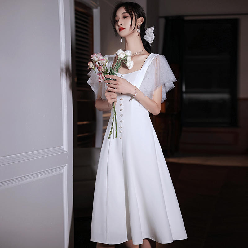 ชุดเดรสออกงานสีขาวสไตล์มินิมอล เรียบหรูสวยดูดี ใส่เป็น ชุดราตรี ชุดออกงาน ชุดไปงานแต่งงาน กลางวัน กลางคืน