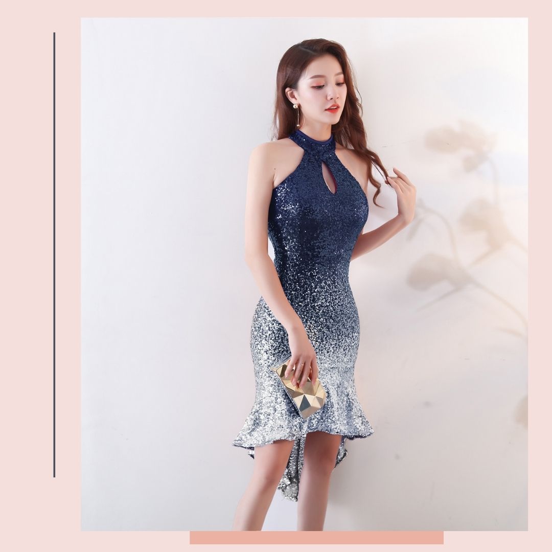 ชุดราตรี ชุดออกงาน ชุดไปงานแต่งงานสีน้ำเงินกรมท่า ทรงเข้ารูป กระโปรงหางปลา ผ้าปักเหลื่อม เรียบหรู