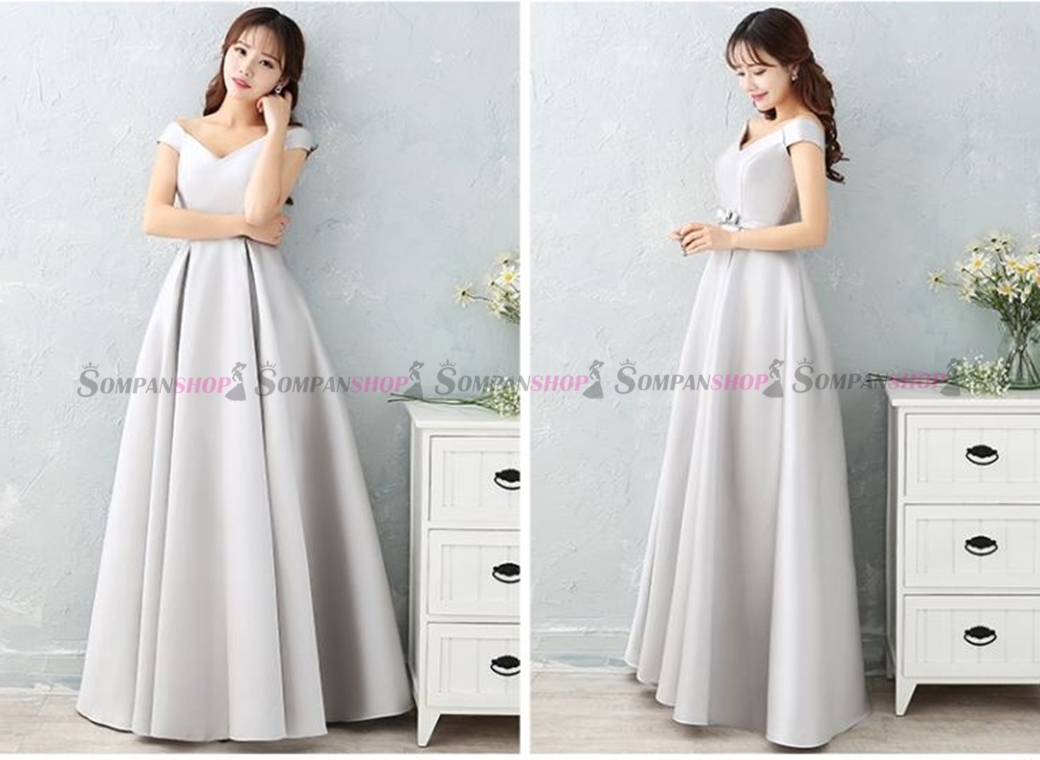 ชุดราตรียาวสีเทา คอวี เปิดไหล่ เอวโบว์ กระโปรงยาว : พร้อมส่ง