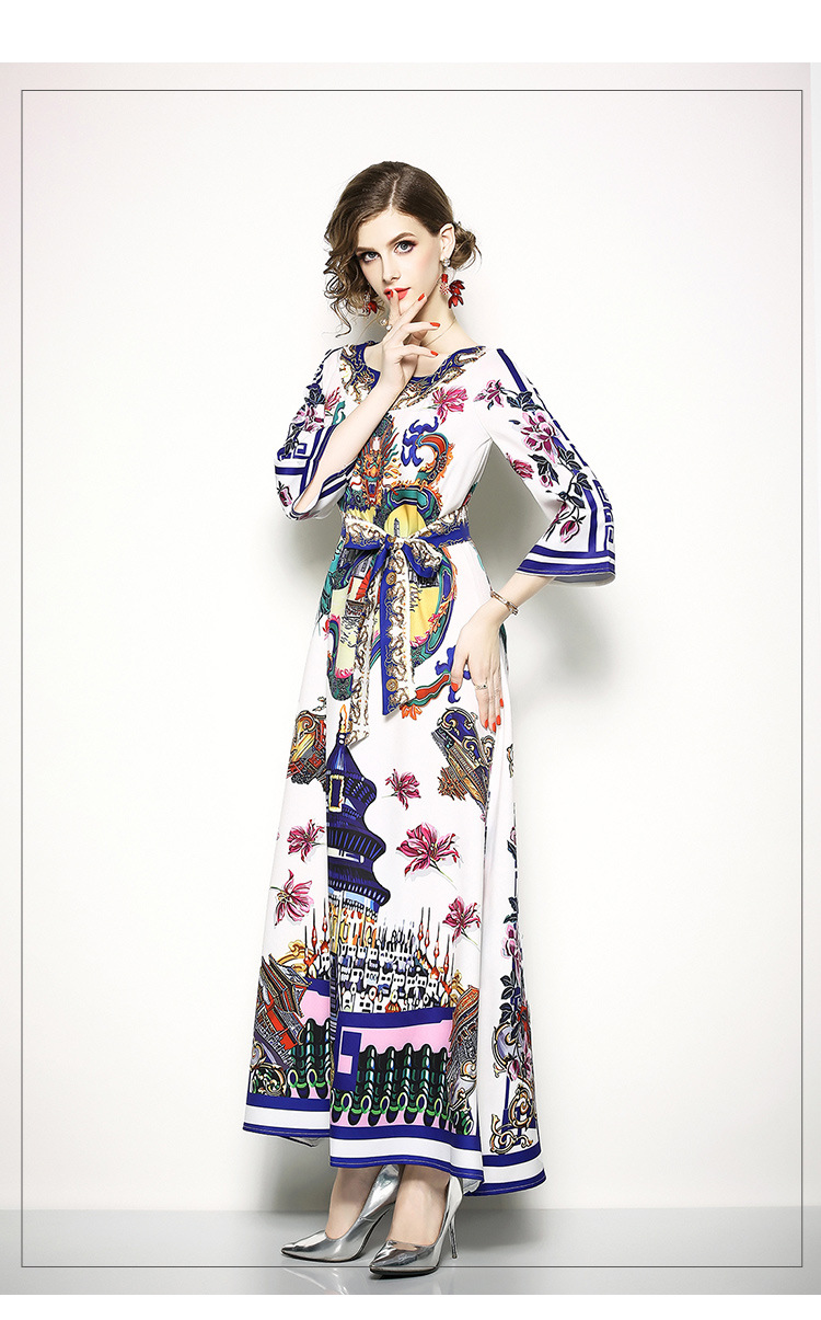ชุดเดรสยาวสีขาวพิมพ์ลายกราฟฟิค ทรงปล่อย แขนสามส่วน แนวโบฮีเมียน ยิปซี ชนเผ่า สุดเก๋สุดชิค