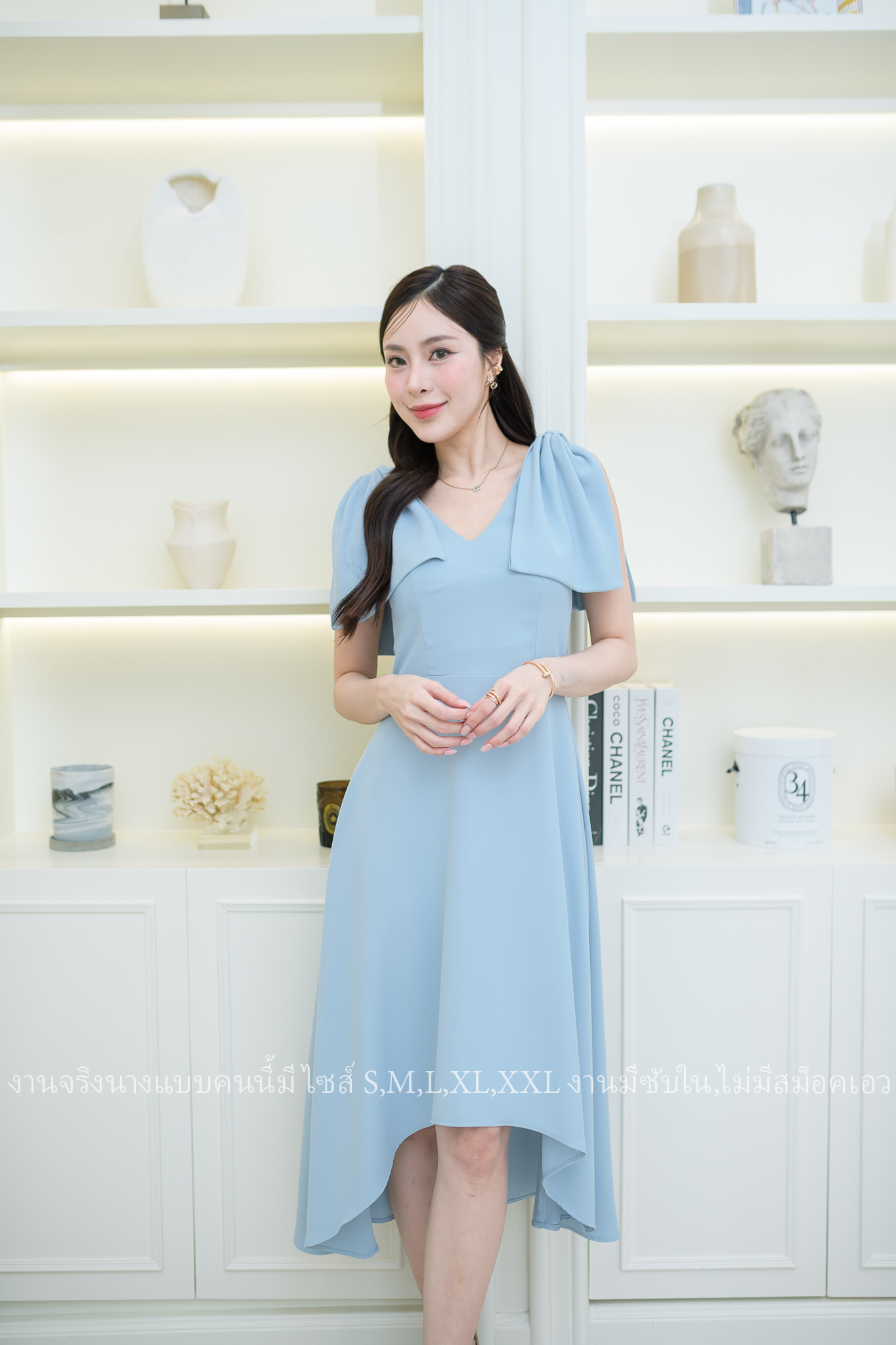 ชุดราตรี ชุดออกงาน ชุดไปงานแต่งงาน เดรสไหล่โบว์กระโปรงหน้าสั้นหลังยาว แนวเรียบหรู สวยดูดี ใส่ได้ทั้งงานกลางวัน/งานกลางคืน : สี ขาว/ฟ้า/ชมพู/เขียวมิ้นพาสเทล
