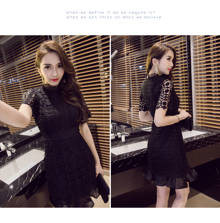ชุดเดรสสั้นสีดำ ผ้าลูกไม้ ทรงเข้ารูป แขนสั้น