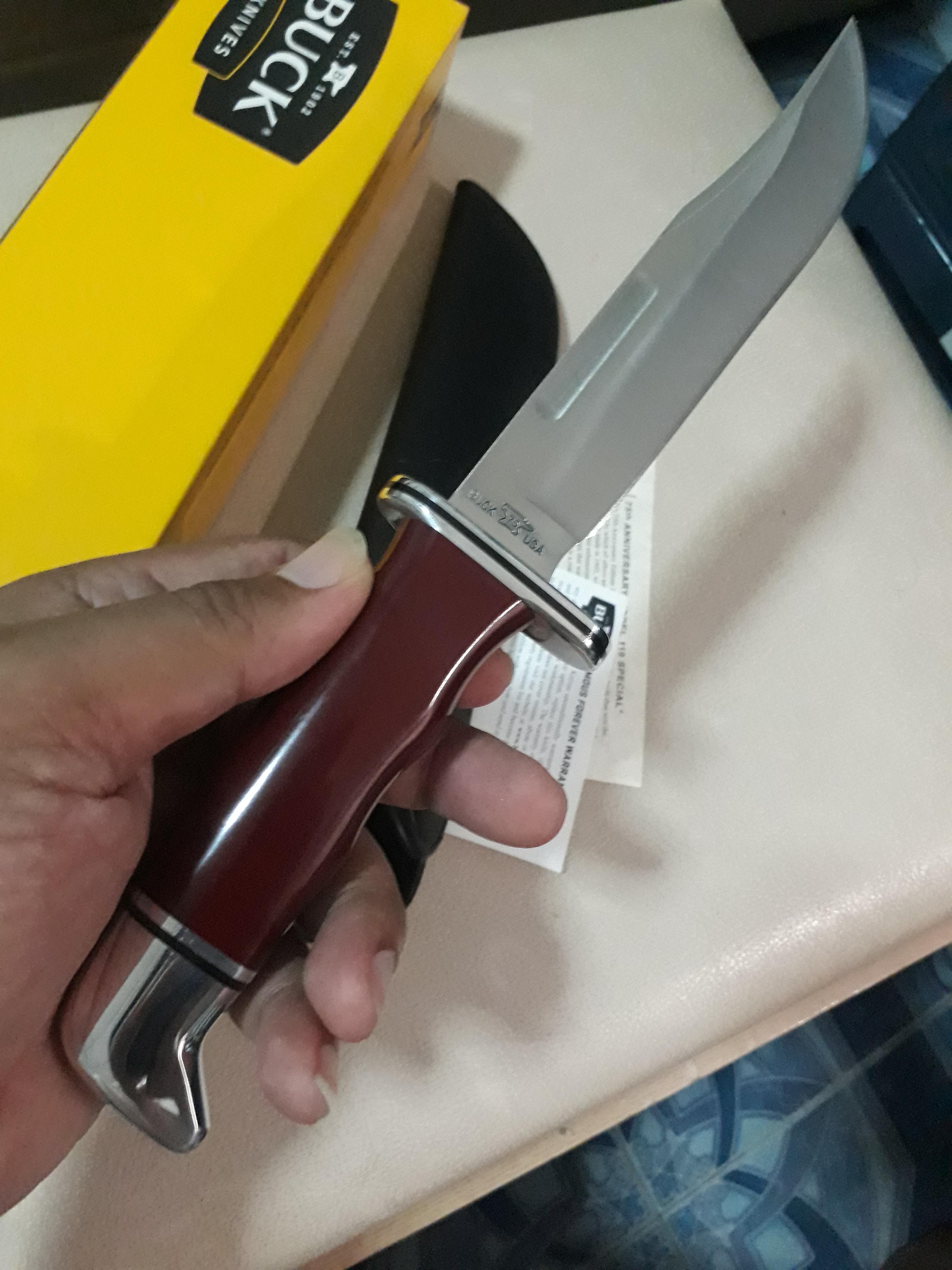 Buck Knives 119 Special Red Phenolic Fixed Blade Knife 75th Anniversary Tang