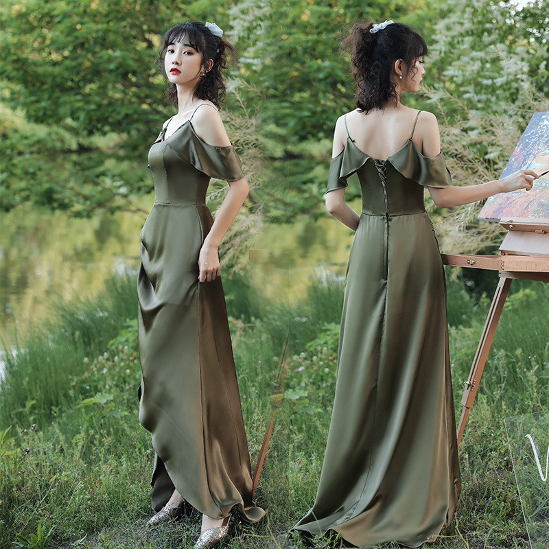 ชุดราตรี ชุดออกงาน ชุดไปงานแต่งงาน เดรสออกงานสีเขียว สายเดี่ยว เปิดไหล่ปิดต้นแขน