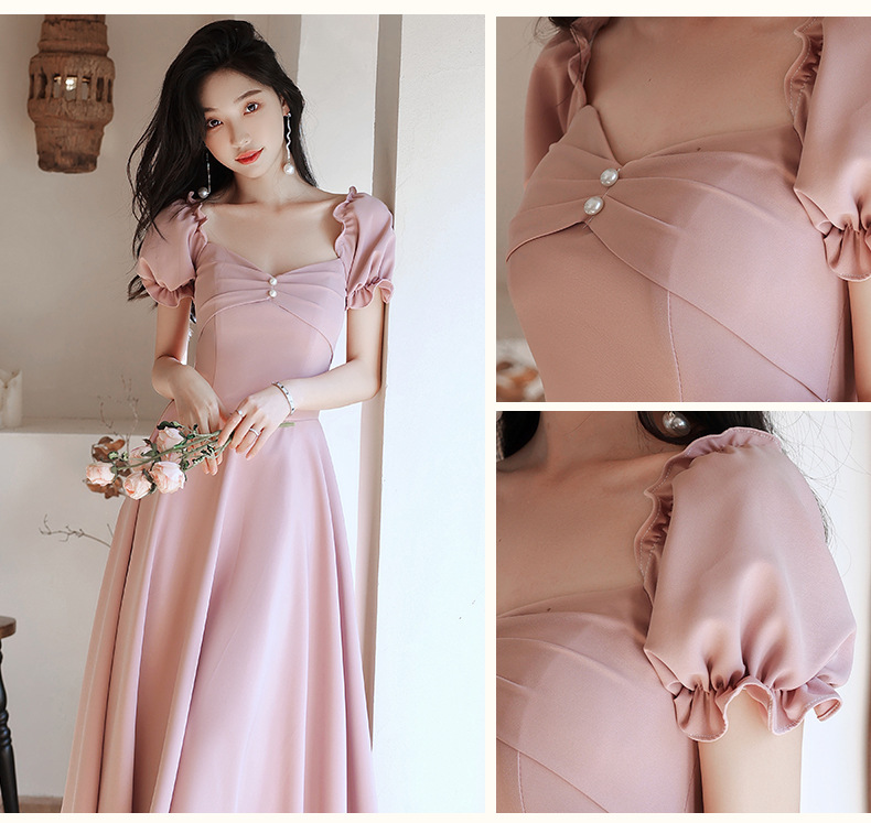 พร้อมส่ง !! ชุดราตรี ชุดไปงานแต่งงาน ชุดออกงานสีชมพู เดรสสั้นแขนตุ๊กตาแต่งกระดุมมุกกระโปรงทรงบาน สวยหวาน เรียบหรู สวยดูดี สไตล์มินิมอล ใส่ได้ทั้งงานกลางวัน กลางคืน