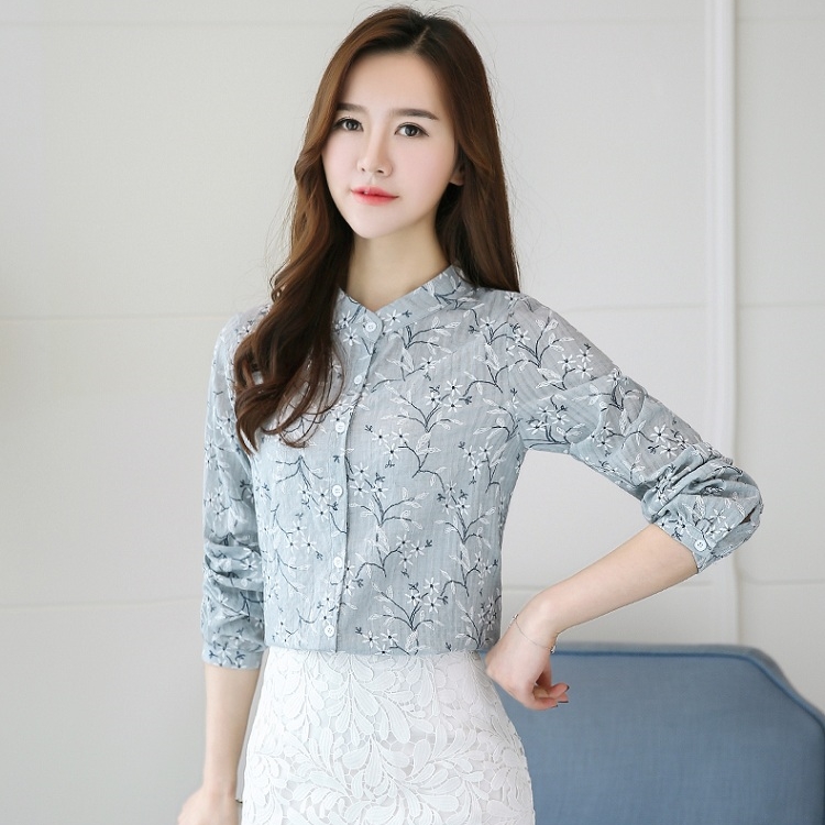 Sale เสื้อเชิ้ตผู้หญิงสีเทา คอจีน กระดุมหน้า แขนยาว