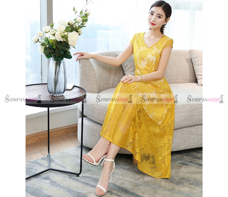 ชุดเดรสลูกไม้สีเหลือง แขนสั้น กระโปรงยาวคลุมเข่าทรงบาน แนวเรียบๆ สวยหวาน เรียบร้อย ดูดี : สินค้าพร้อมส่ง