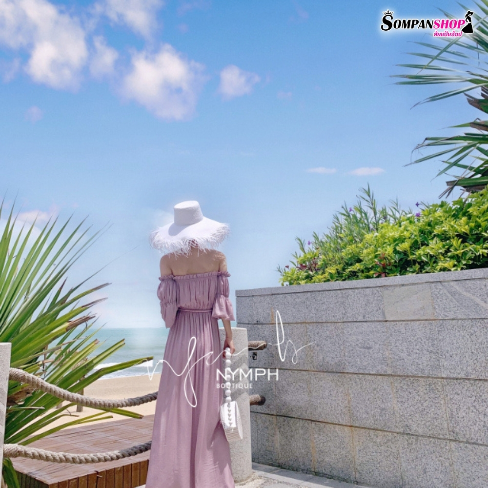 แม็กซี่เดรสยาวสีม่วง เปิดไหล่ แฟชั่นชุดไปทะเล ชุดเที่ยวทะเล ชุดใส่เริมชายหาด ถ่ายรูปสวย
