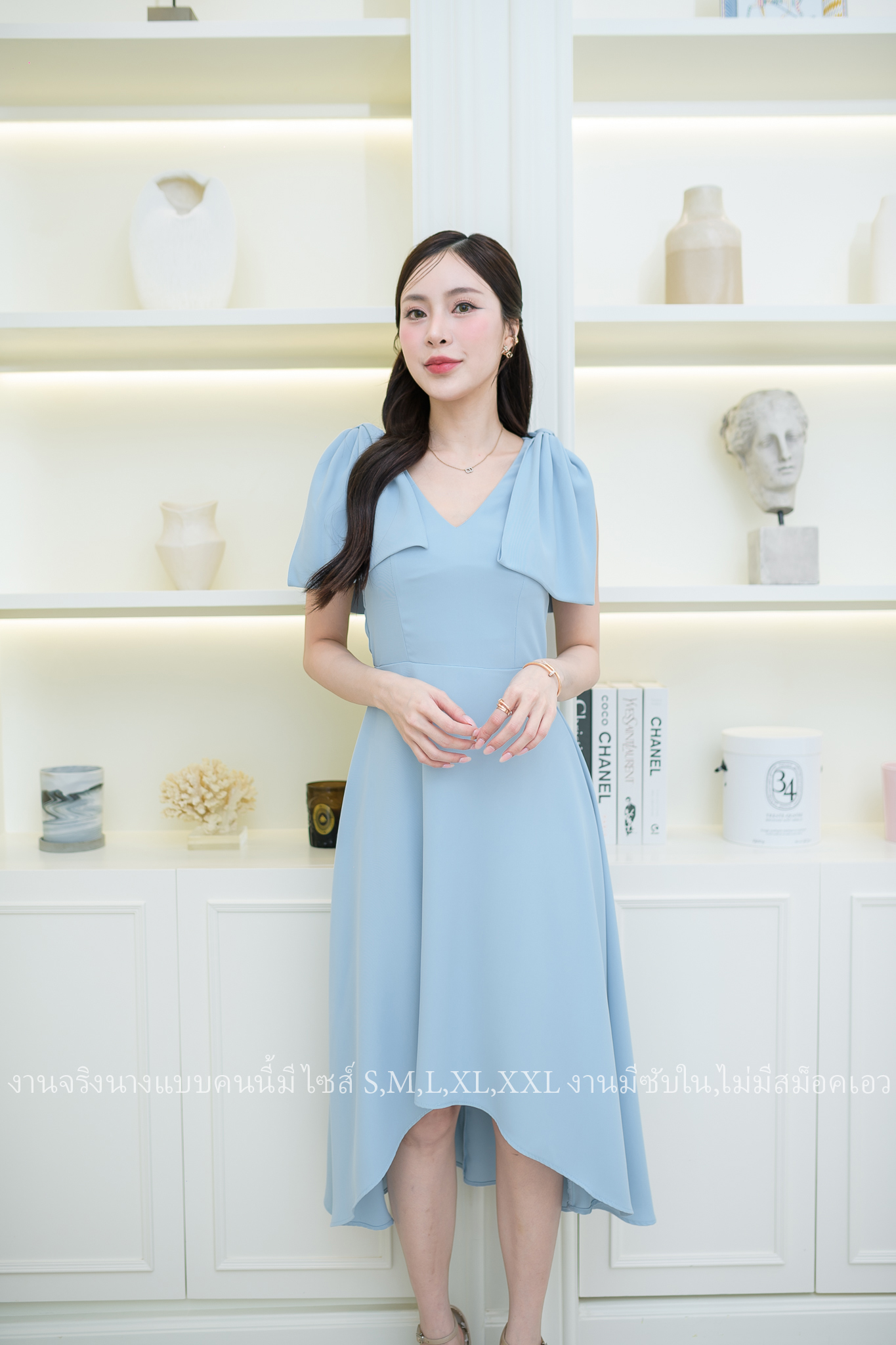 ชุดราตรี ชุดออกงาน ชุดไปงานแต่งงาน เดรสไหล่โบว์กระโปรงหน้าสั้นหลังยาว แนวเรียบหรู สวยดูดี ใส่ได้ทั้งงานกลางวัน/งานกลางคืน : สี ขาว/ฟ้า/ชมพู/เขียวมิ้นพาสเทล