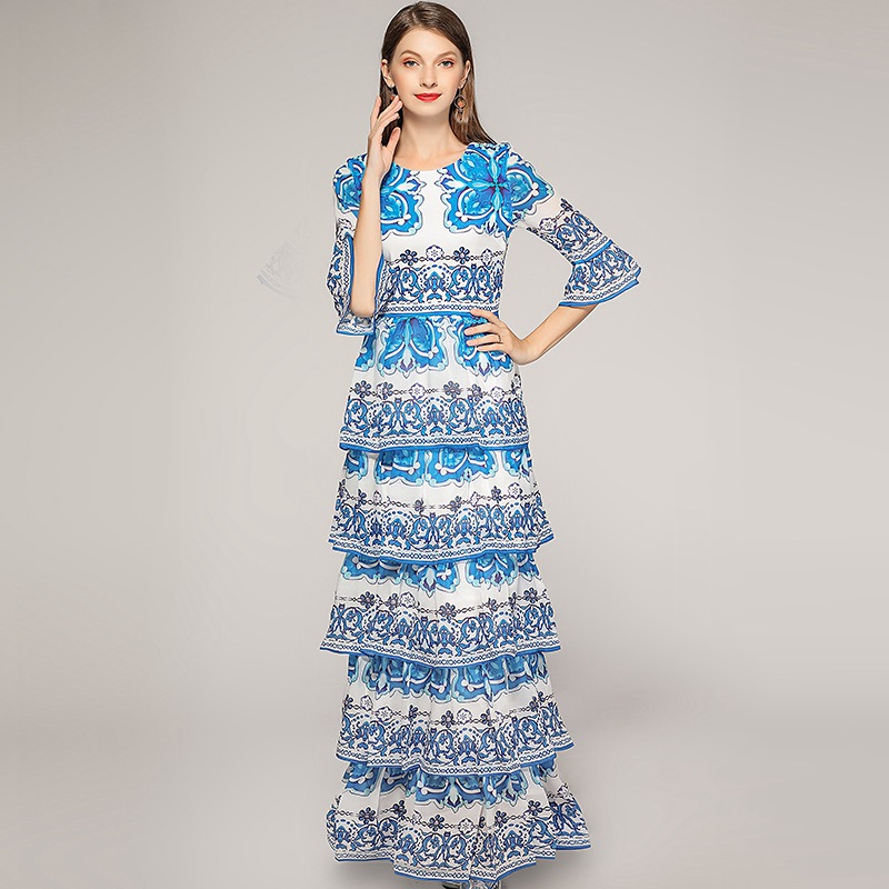 SALE ชุดเดรสยาวสีน้ำเงิน พิมพ์ลายสวยเก๋ กระโปรงระบายเป็นชั้นๆ ชุดเดรสคนอ้วนไซส์ใหญ่