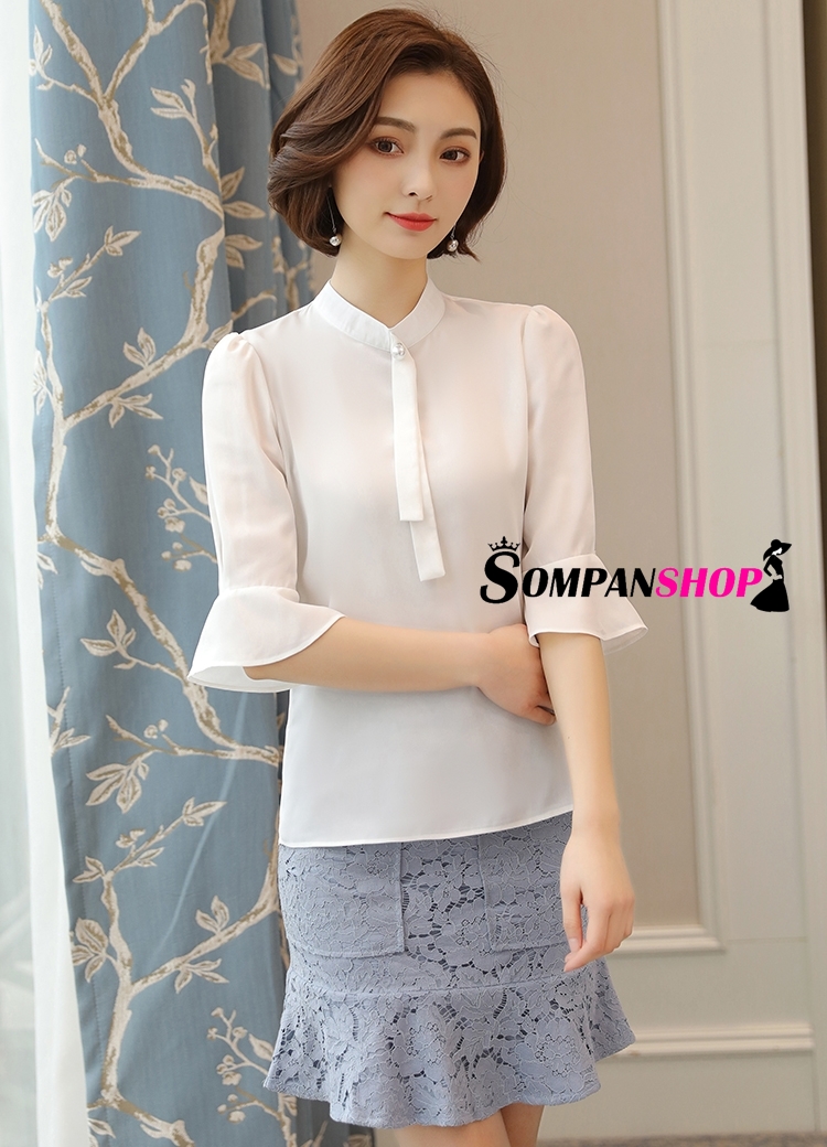 เสื้อเชิ้ตผู้หญิงสีขาว แขนสี่ส่วน ผ้าชีฟอง ลุคเรียบร้อย สวยๆ สไตล์สาวออฟฟิศ