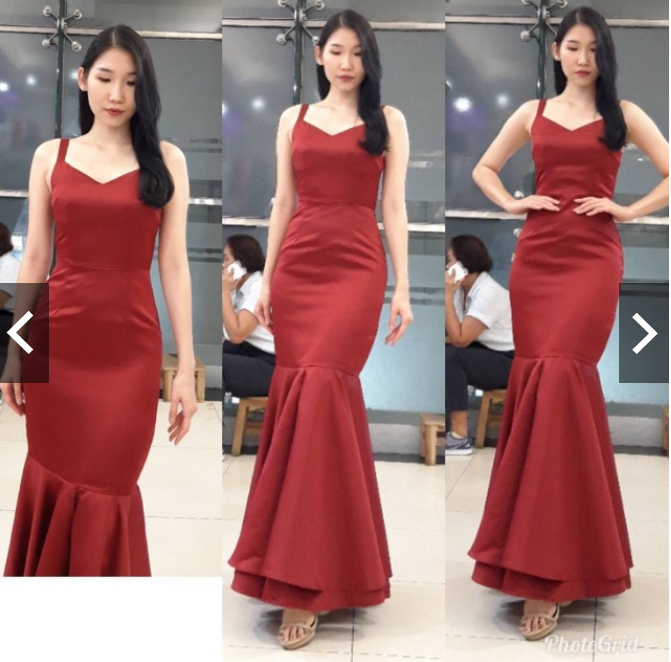 ชุดออกงานสีแดง สายเดี่ยวคอวี เข้ารูป กระโปรงยาวทรงหางปลา
