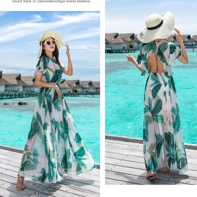 ชุดเที่ยวทะเลสีขาวลายใบไม้ แม็กซี่เดรสยาวโชว์หลัง กระโปรงยาว ผ้าชีฟอง