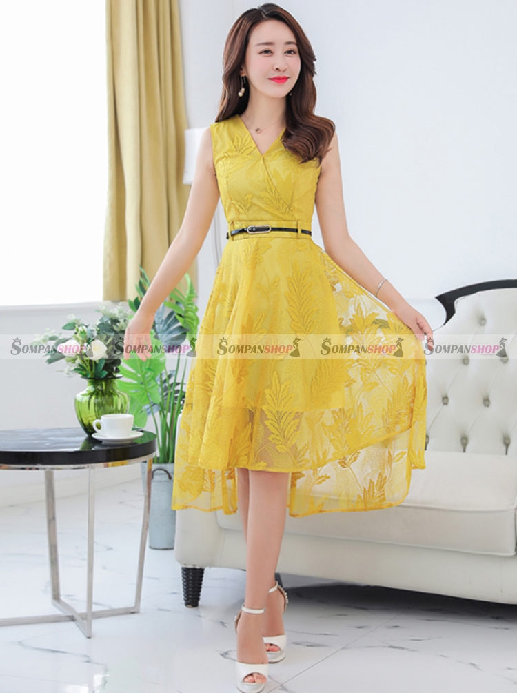 Sale ลดแรงส่งท้ายปี : ชุดเดรสสั้นสีเหลือง คอวีป้าย แขนกุด กระโปรงทรงบานหน้าสั้น-หลังยาว