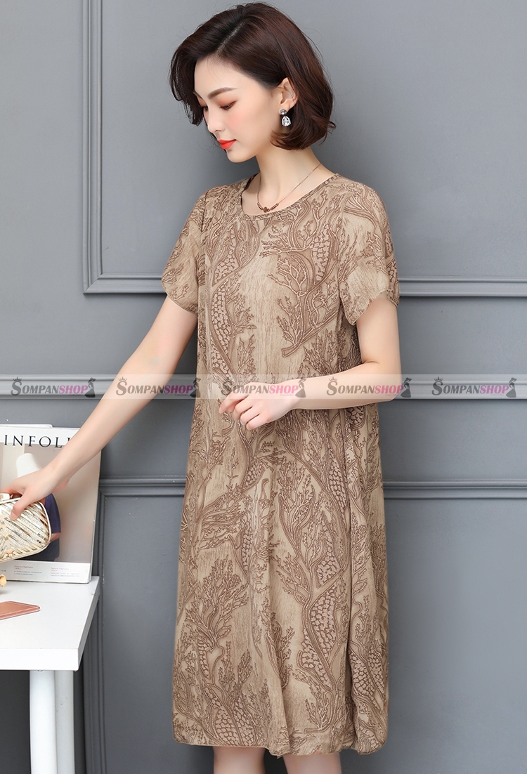 SALE ชุดเดรสสั้นสีน้ำตาล ทรงปล่อย ผ้าชีฟอง ลุคเรียบๆ สวยดูดี สวมใส่ได้หลายโอกาส