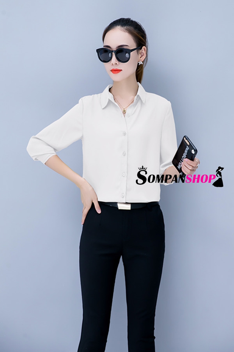 เสื้อเชิ้ตผู้หญิงทำงานสีขาว แขนยาว กระดุมหน้า ผ้าชีฟอง