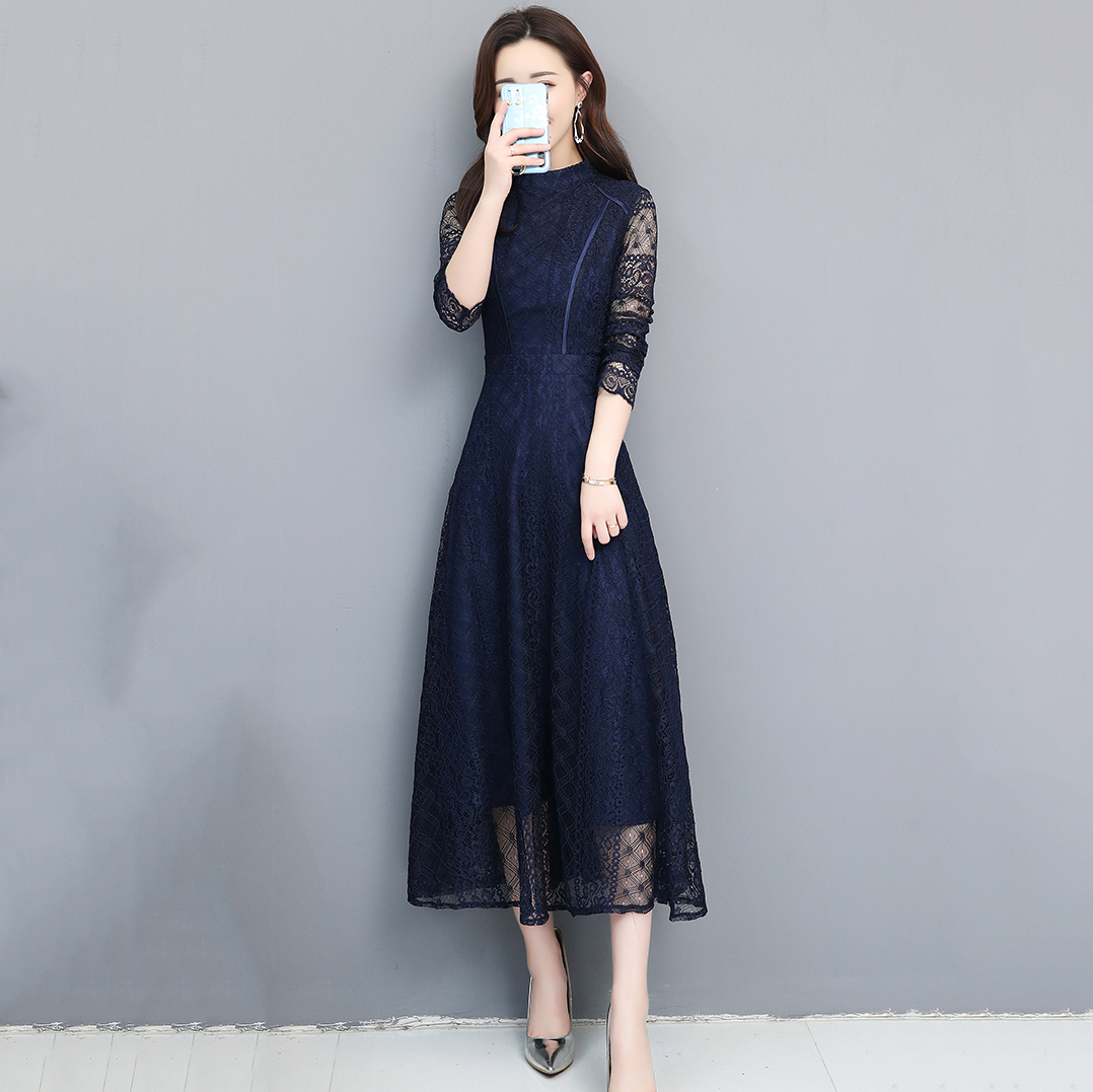 ชุดเดรสยาวสีน้ำเงินกรมท่า ผ้าลูกไม้ สีพื้น แขนยาว กระโปรงบาน คอจีน เอวเข้ารูป น่ารัก สวย ดูดี ใส่เที่ยว ทำงาน ออกงาน งานแต่งงาน งานบวช ได้