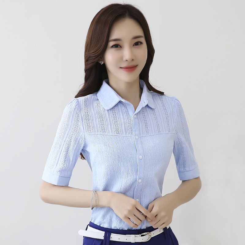 เสื้อเชิ้ตผู้หญิงสีฟ้า แขนสั้น คอปก เรียบร้อย ใส่ทำงาน ใส่เที่ยว แมทซ์ได้ทั้งกระโปรง กางเกง