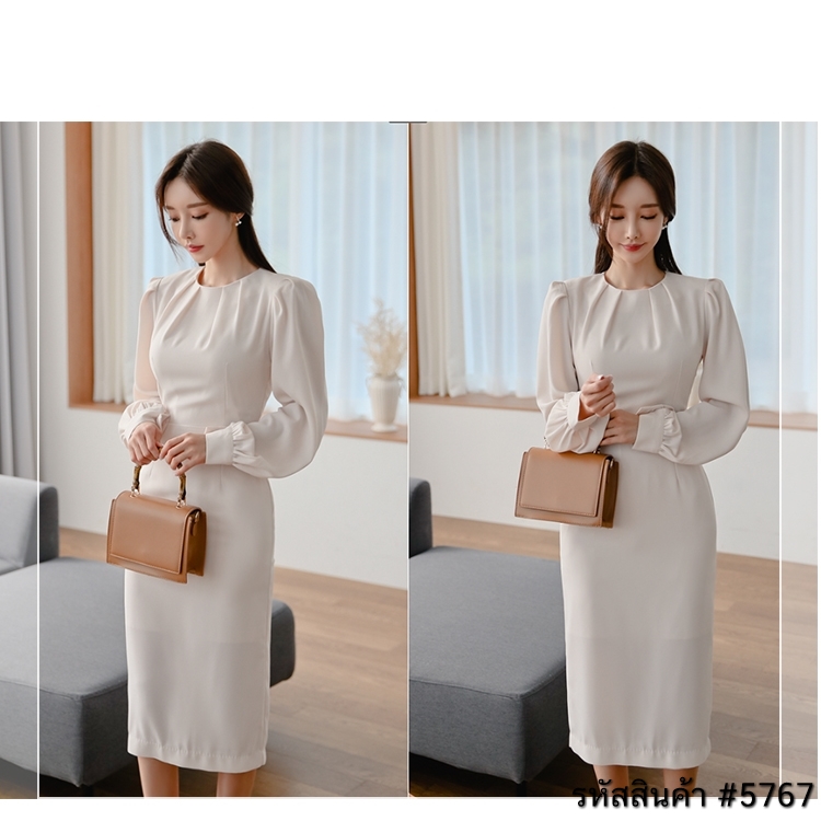 ชุดเดรสสั้นสีครีมเบจ แขนสั้น กระโปรงทรงบาน แนวเรียบร้อย สวยสุภาพ