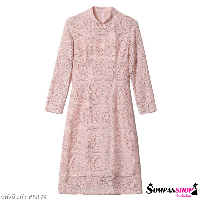 ชุดเดรสสั้นลูกไม้สีชมพู เดรสทรงเข้ารูป แขนยาว แนวเรียบร้อย สวยสุภาพ ดูดี