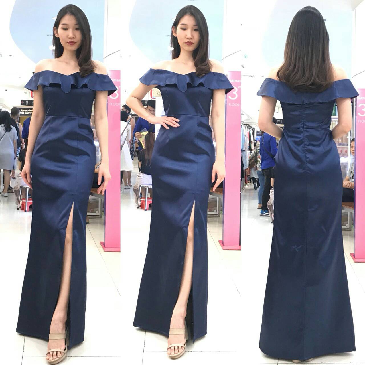 ชุดออกงานราตรียาวสีน้ำเงินกรมท่า เปิดไหล่แต่งระบายน่ารักๆ เข้ารูป ผ้าดัชเชสซาติน