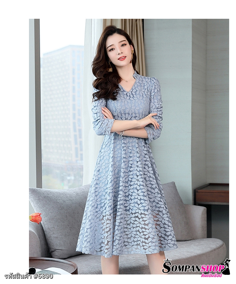 ชุดเดรสสั้นสีฟ้า ผ้าลูกไม้ แขนสามส่วน แนวเรียบๆ สวย สุภาพ ใส่ทำงาน ใส่ไปงาน