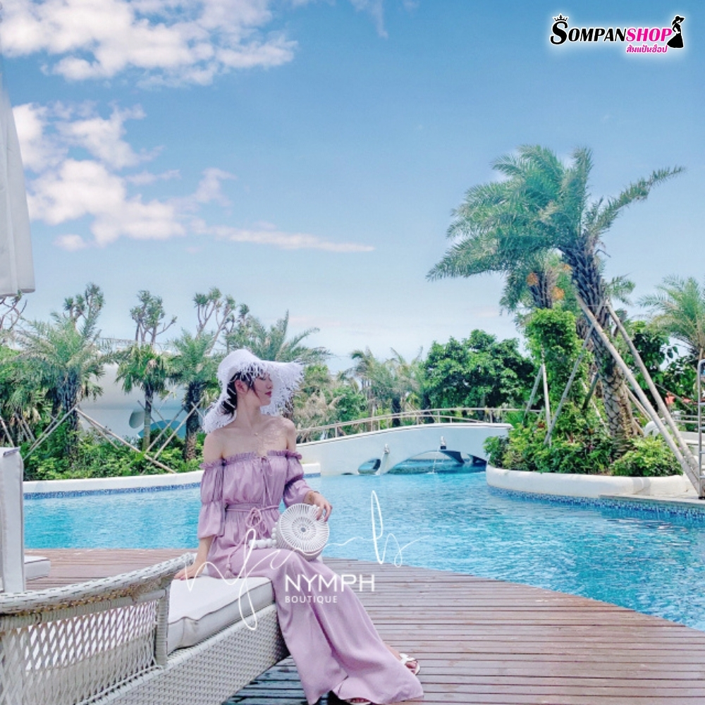 แม็กซี่เดรสยาวสีม่วง เปิดไหล่ แฟชั่นชุดไปทะเล ชุดเที่ยวทะเล ชุดใส่เริมชายหาด ถ่ายรูปสวย