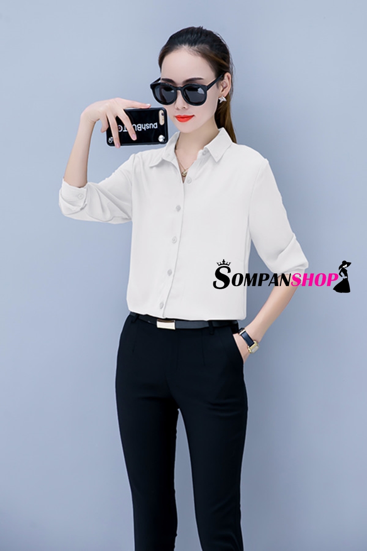 เสื้อเชิ้ตผู้หญิงทำงานสีขาว แขนยาว กระดุมหน้า ผ้าชีฟอง