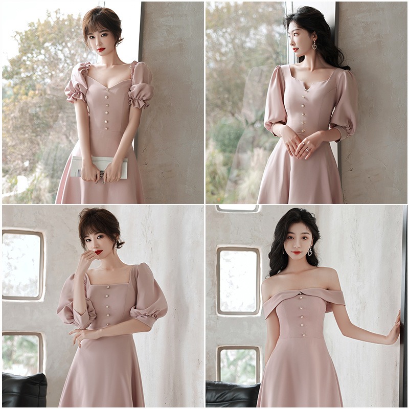 ชุดเดรสออกงานสีชมพู แขนสั้น คอเหลี่ยม กระโปรงทรงบาน สวยหวาน เรียบหรู สวยดูดี สไตล์มินิมอล ใส่เป็น ชุดราตรี ชุดออกงาน ชุดไปงานแต่งงาน กลางวัน กลางคืน