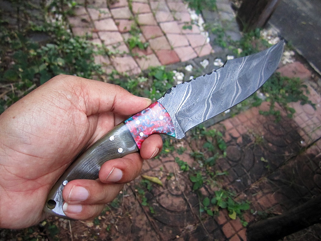 มีด ALONZO KNIVES USA CUSTOM HANDMADE DAMASCUS TACTICAL HUNTING KNIFE RAM HORN