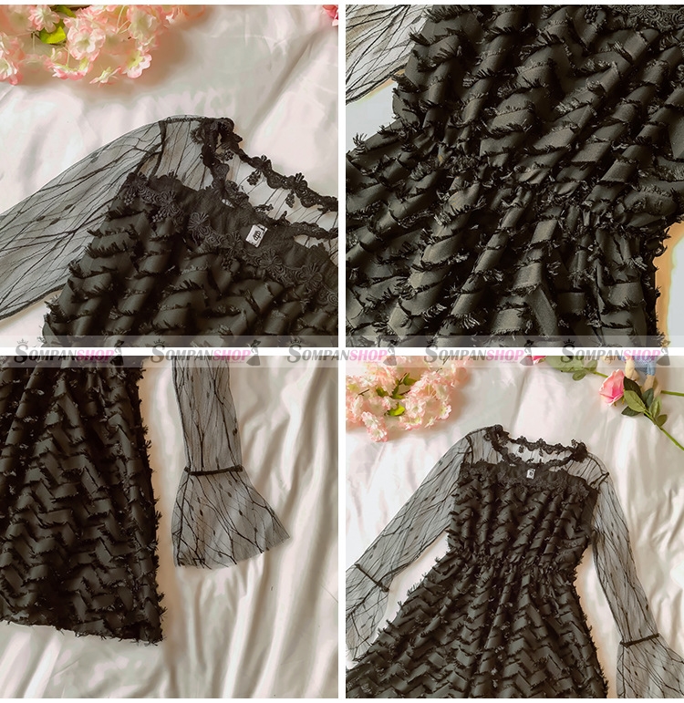 ชุดเดรสสั้นสีดำ แต่งขนฟรุ่งฟริ้งน่ารักๆ แขนยาวซีทรู สไตล์สวยๆ น่ารักๆ