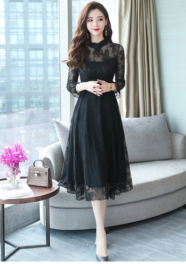 ชุดเดรสลูกไม้สีดำ คอระบาย แขนยาว กระโปรงทรงบานคลุมเข่า สวยๆ สุภาพ เรียบหรู ดูดีดูแพง ใส่ไปงาน ใส่ทำงาน สำเนา