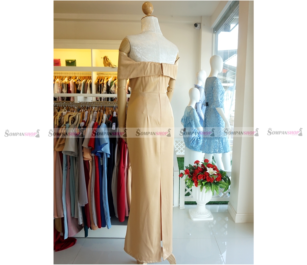 ชุดออกงานยาวสีทอง เปิดไหล่ แต่งโบว์หน้า แนวเรียบๆ สวยหรู ดูดี