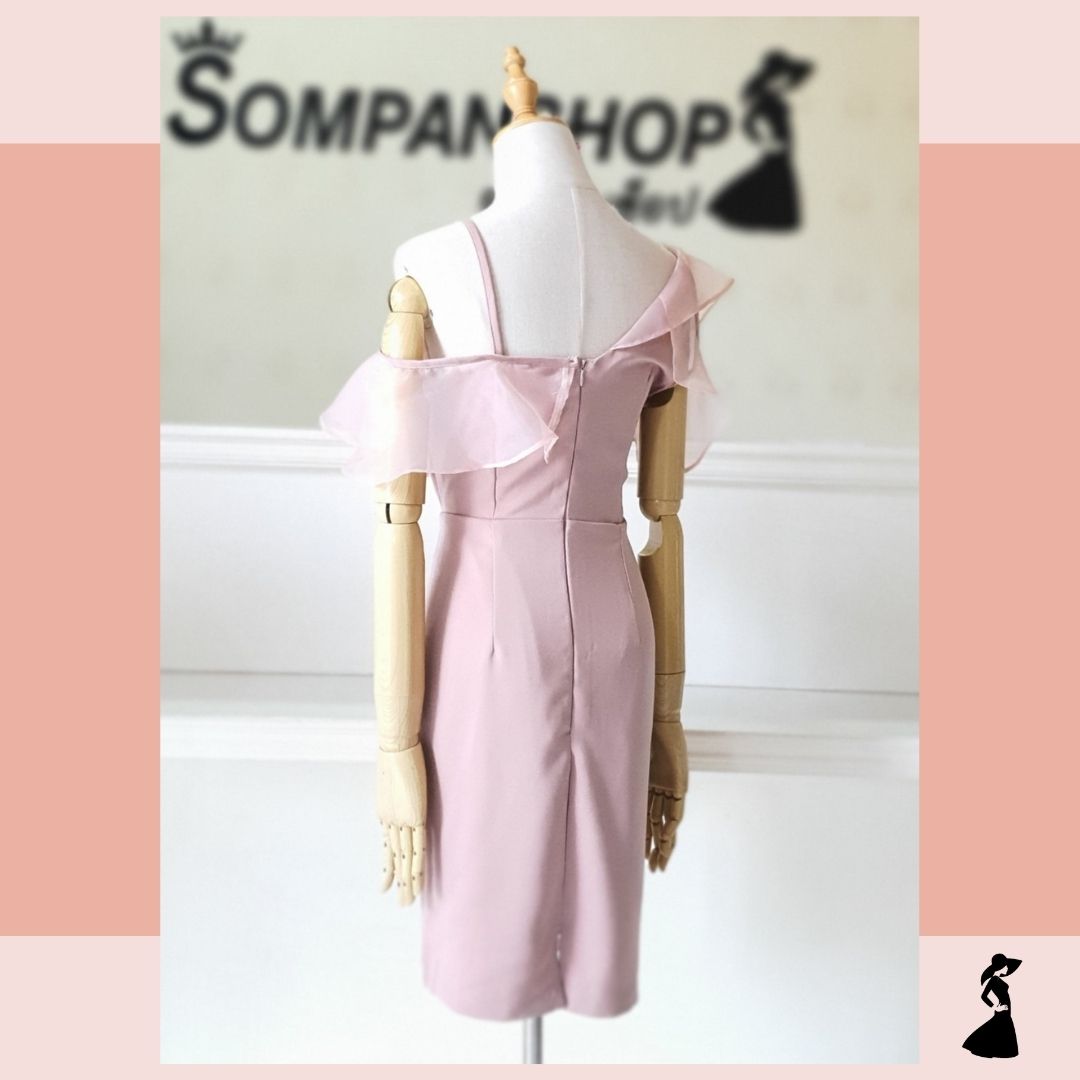 ชุดไปงานแต่งงานสีชมพูกะปิ เดรสสั้นแต่งระบายผ้าไหมแก้ว แบบน่ารัก สวยๆ เรียบหรูดูแพง ชุดราตรี ชุดไปงานแต่งงาน ชุดออกงาน